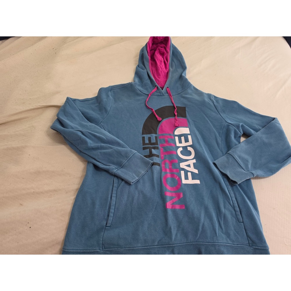 The North Face Womens XL Blue Pink Vertical Logo Pullover Hoodie Sweatshirt